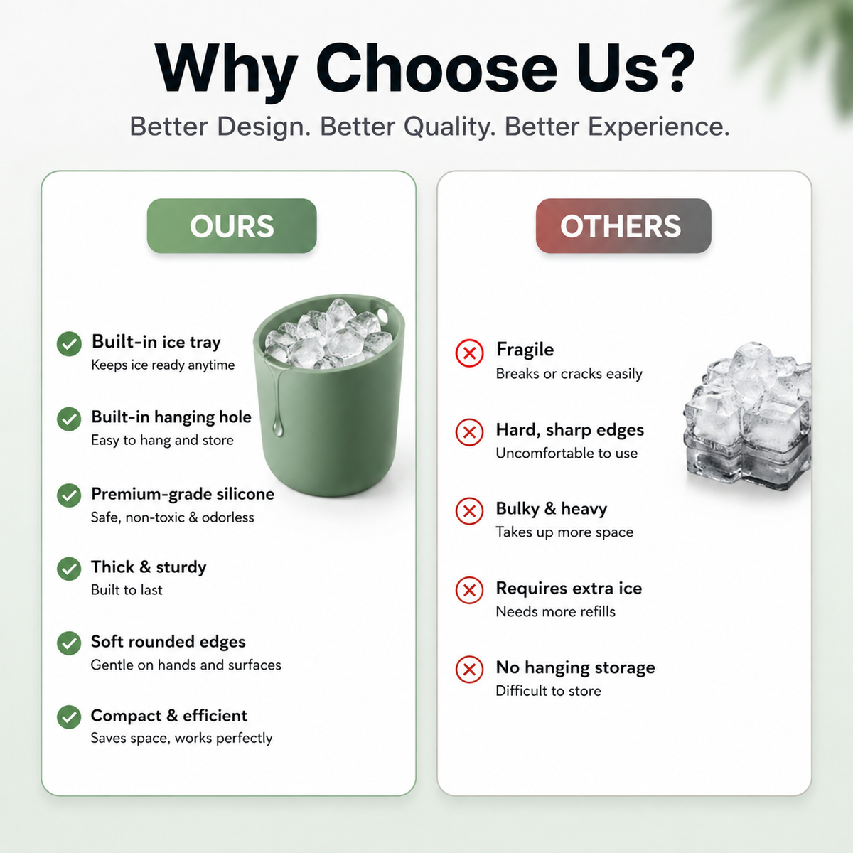 “Why Choose Us?” comparison infographic showing a reusable green silicone ice tray versus traditional ice trays, highlighting built-in ice tray, hanging hole, premium-grade silicone, sturdy construction, rounded edges, and compact design.